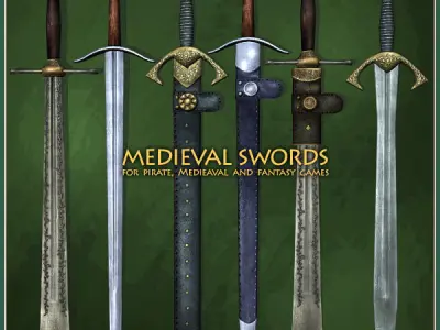 3 Two-Handed Medieval Swords Low-poly 3D model