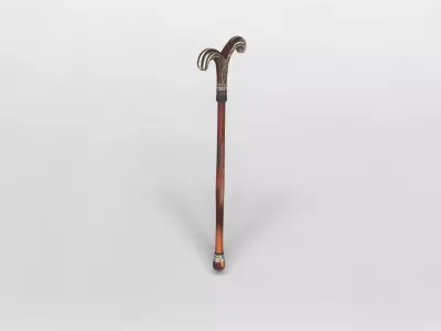Elegant Wooden Walking Cane with Ornate Handle 3D model
