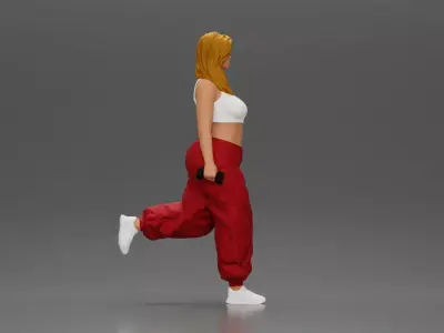 Strong woman power walking with dumbbells wearing top and pants 3D print model