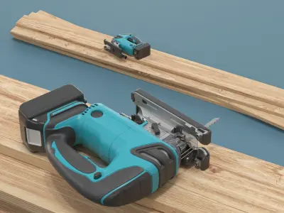 Cordless Jig Saw with Wooden Boards 3D model