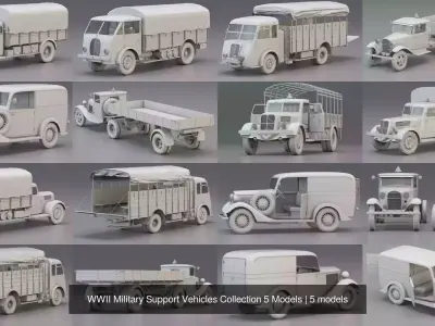 WWII Military Support Vehicles Collection 5 Models 3D Model Pack