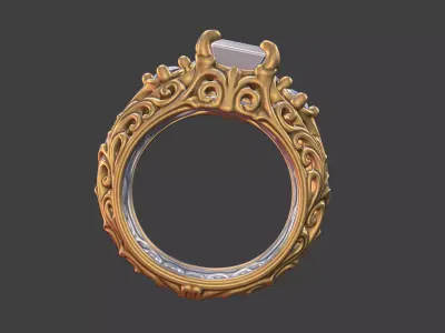 Ornate scrollwork silver and gold square faceted gemstone ring 3D print model