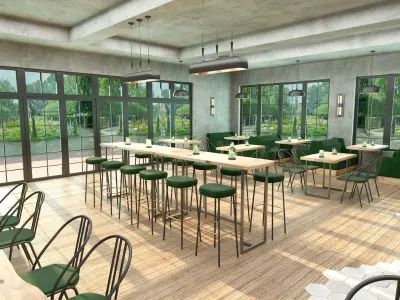 Industrial coffee bar restaurant interior design 3D model