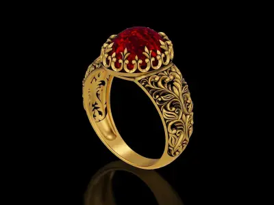 Oval stone antique filigree crown gold silver ring V2 3D print model