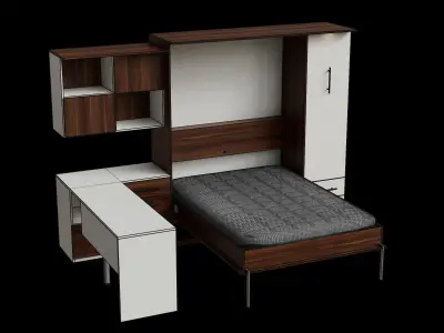 White Desk Dark Brown Cabinet Wall Bed 3D model
