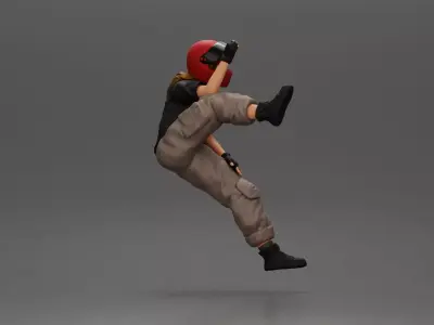 Biker woman in red helmet striking pose on black motorcycle 3D print model