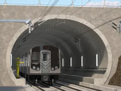 Subway Tunnel Section with Train and Worker 3D model