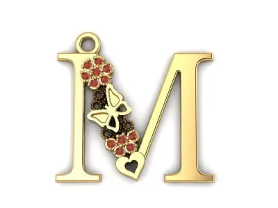 pendant M rhinestone and gold letter 3D print model
