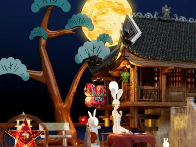 Mid-Autumn chinese house with fish in moonlight 3D model