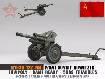 Low Poly M1938 M30 122mm Soviet howitzer Low-poly 3D model