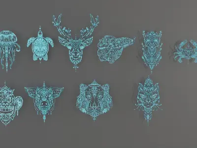 Animals Mandala Ornaments KITBASH 10 Unique Objects 3D model
