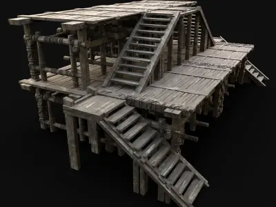 PIER PLATFORM WOODEN WATCHTOWER BRIDGE CONSTRUCTION Low-poly 3D model