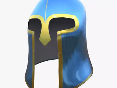 Low Poly Blue Medieval Great Helm Knight Helmet PBR 3D Model Low-poly 3D model
