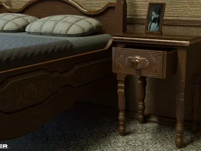 Vintage Bed and Nightstand Low-poly 3D model