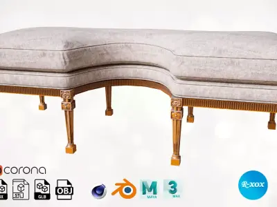 Classic Curved Upholstered Bench 3D model