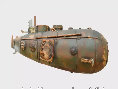 Vintage Exploration Submarine Model with Barnacles Low-poly 3D model