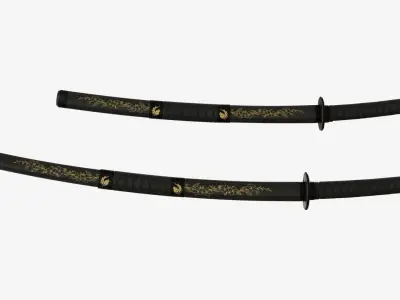 Black Double Bladed Katana Wakizashi and Stand 3D model