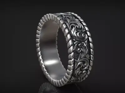 Ornamental Floral Relief Band Vintage Baroque Scroll Ring 3D print model