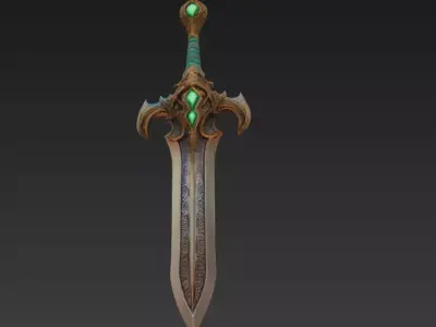 Mystic Sword with Emerald Gemstones - High Detail 3D Model Low-poly 3D model