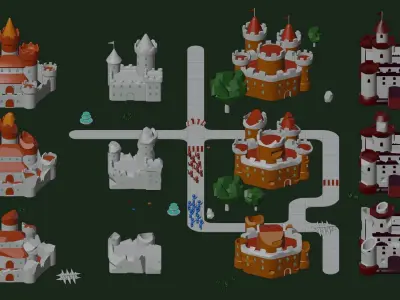 Big Hyper Casual Medieval Castle set modular Free low-poly 3D model