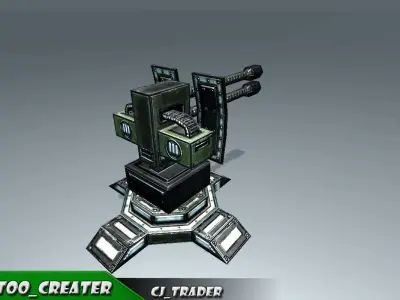 Lowpoly Mobile turret machine gun animated rig 3d model Low-poly 3D model