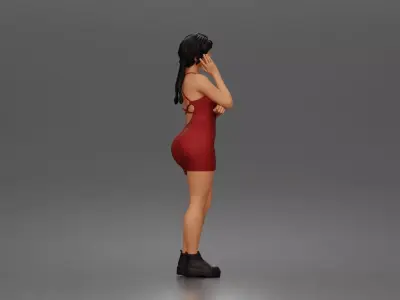 Thoughtful woman stands hand on cheek wearing shorts boots 3D print model