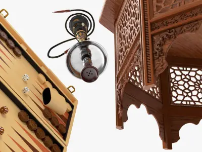  Oriental Wooden Table with Hookah and Backgammon 