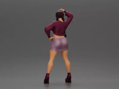 Woman in outfit striking a playful pose with braids and heels 3D print model