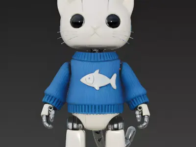 Realistic Robotic Cream Cat in Sweater 3D Model Low-poly 3D model