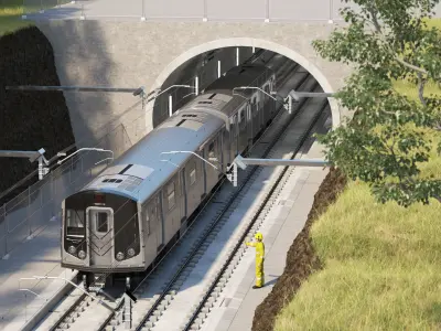 Subway Tunnel Section with Train and Worker 3D model