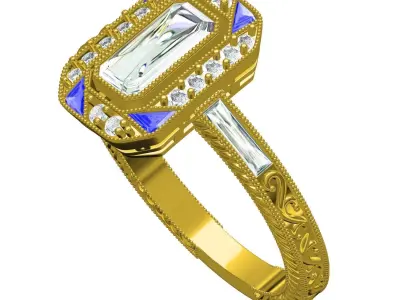 Antique Art Deco Style Engraving Engagement Ring 3D print model