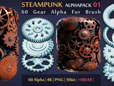 SteamPunk Alpha Pack 01 - 60 Gear Brush - 4k PNG 16bit - SBSAR Texture