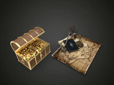 Treasure pirate chest on map Low-poly 3D model