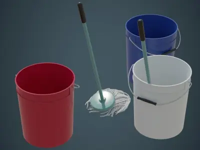 Bucket And Mop 1A Low-poly 3D model