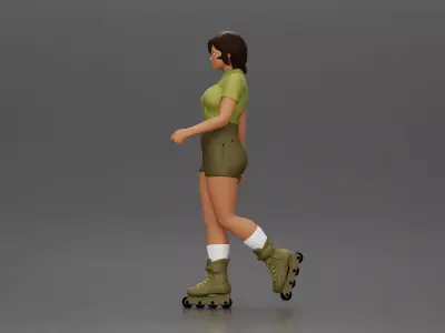 Woman in green outfit gliding smoothly on olive roller skates 3D print model