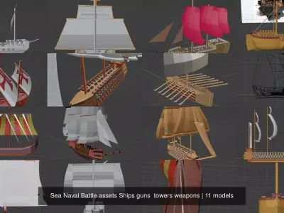 Sea Naval Battle assets Ships guns  towers weapons 3D Model Pack