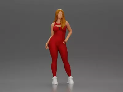 woman in red bodysuit striking a fashionable pose with sneakers 3D print model