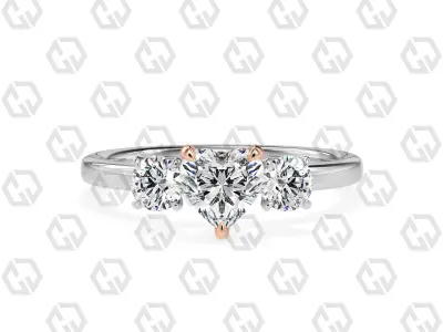 Ring 104 Heart Shape 3 stone ring with round 3D print model