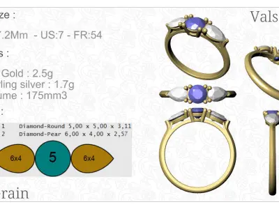 Ring 3 stone gold 3D print model