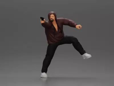 Hooded gangster man sits on motorcycle aiming a pistol 3D print model