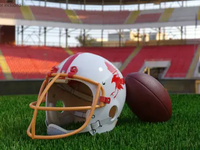 Retro Team Red Eagles Helmet with Logo and Football White On Grass Fur 3D model