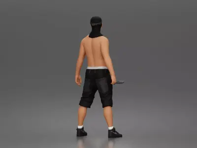 gangster stands holding knife wearing shorts sneakers headband 3D print model