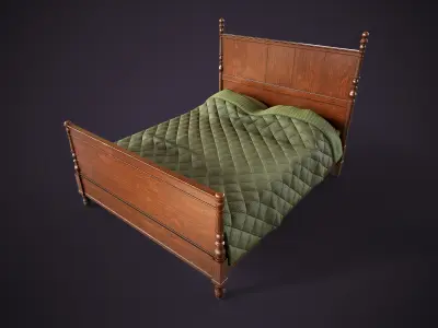 Vintage Wooden Bed Low-poly 3D model