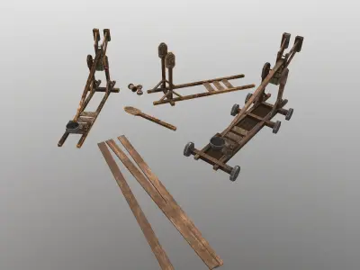 Low Poly Catapult wooden wheeled cart Low-poly 3D model