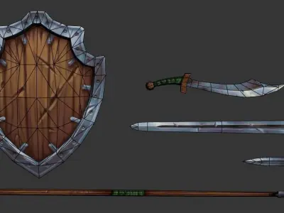 Shield and weapons Low-poly 3D model