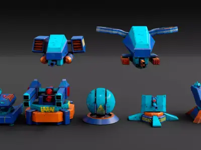 Stylized turret and jet Low-poly 3D model