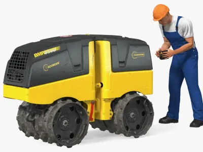 Construction Worker with Trench Roller Bomag BMP8500 Rigged 3D model