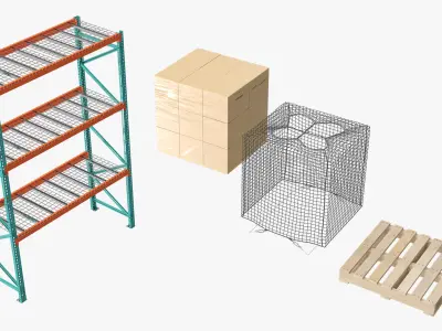 Heavy-Duty Pallet Racking with Net-Wrapped Cargo Green 3D model