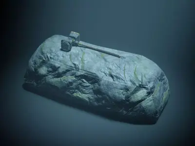 Low Poly Fantasy War Hammer on rock  Low-poly 3D model