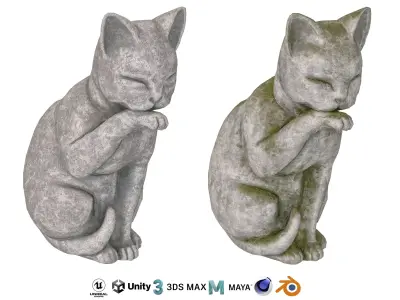 Grooming cat stone statues Low-poly 3D model